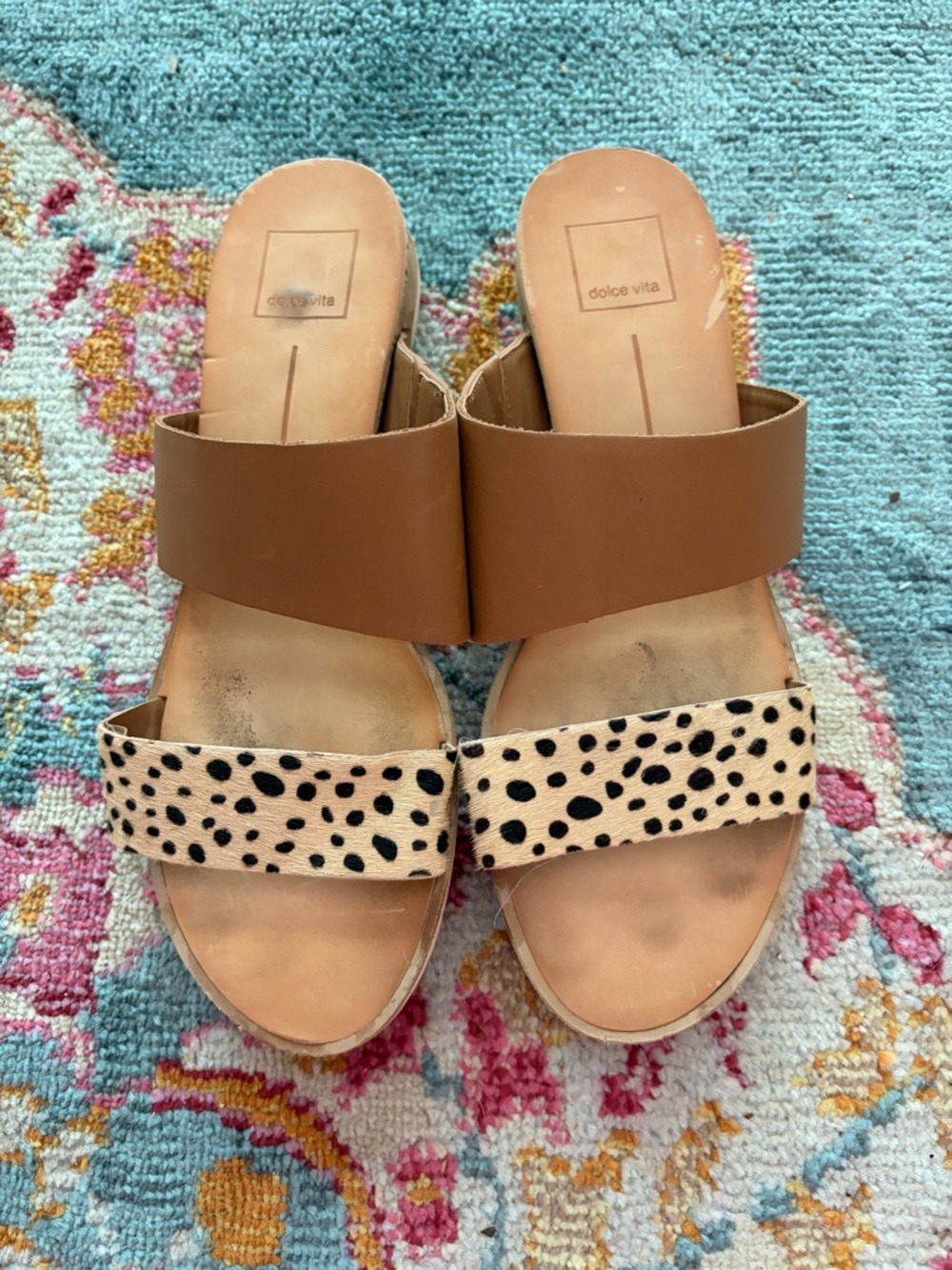 Dolce Vita Tan Slide Sandals with Beige Leopard Strap